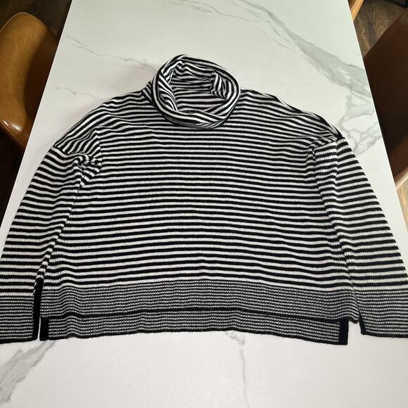 Alice + Olivia Base Cowl Neck Boxy Sweater Sz L Wool Angora Black Ivory Stripes - Picture 1 of 10